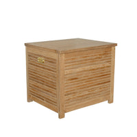 Teak wood outdoor storage box with hydraulic gas spring as an opening mechanism