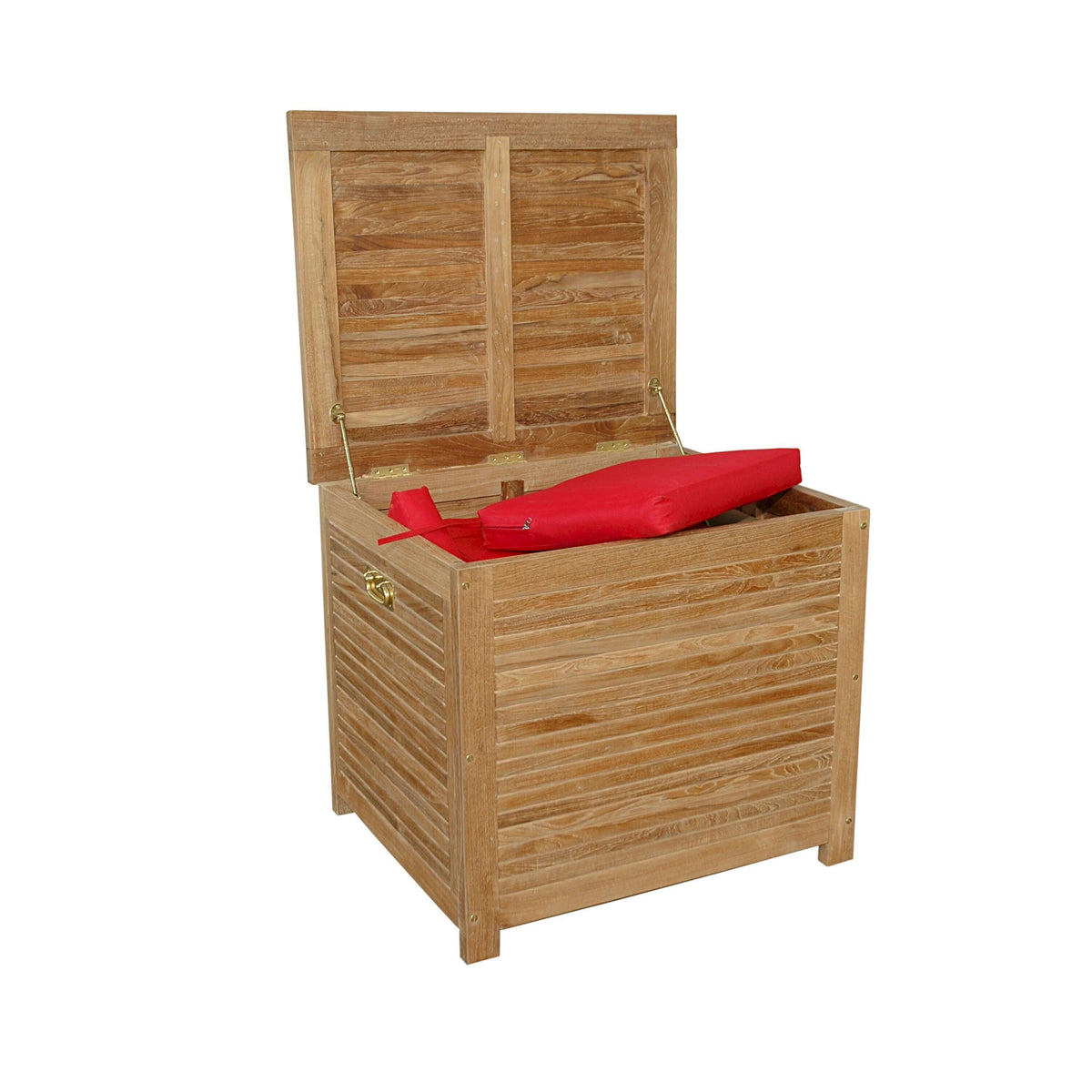 Teak wood outdoor storage box with hydraulic gas spring as an opening mechanism