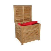 Teak wood outdoor storage box with hydraulic gas spring as an opening mechanism