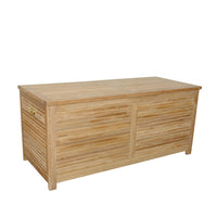 Teak wood outdoor storage box with hydraulic gas spring as an opening mechanism