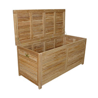 Teak wood outdoor storage box with hydraulic gas spring as an opening mechanism