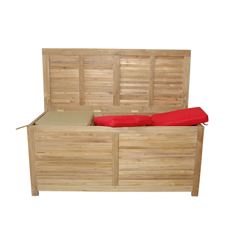 Teak wood outdoor storage box with hydraulic gas spring as an opening mechanism
