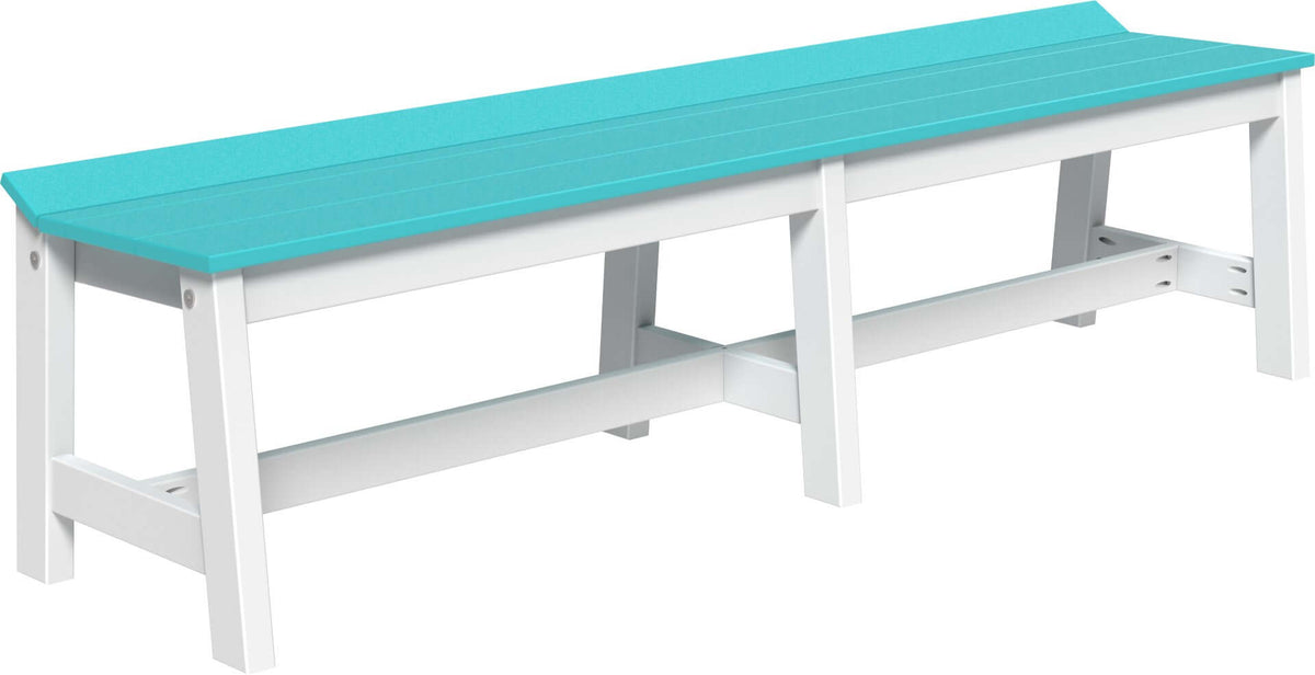 LuxCraft 72" Café Dining Bench in Aruba Blue and White paired for outdoor garden-bench use — weather-resistant design