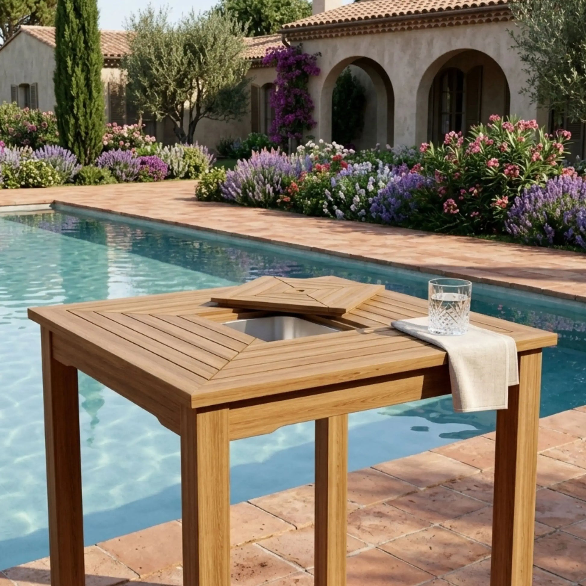 Anderson Teak Chatsworth Ice Chiller Bar Table in Patio Bar Setup with Bar Stools