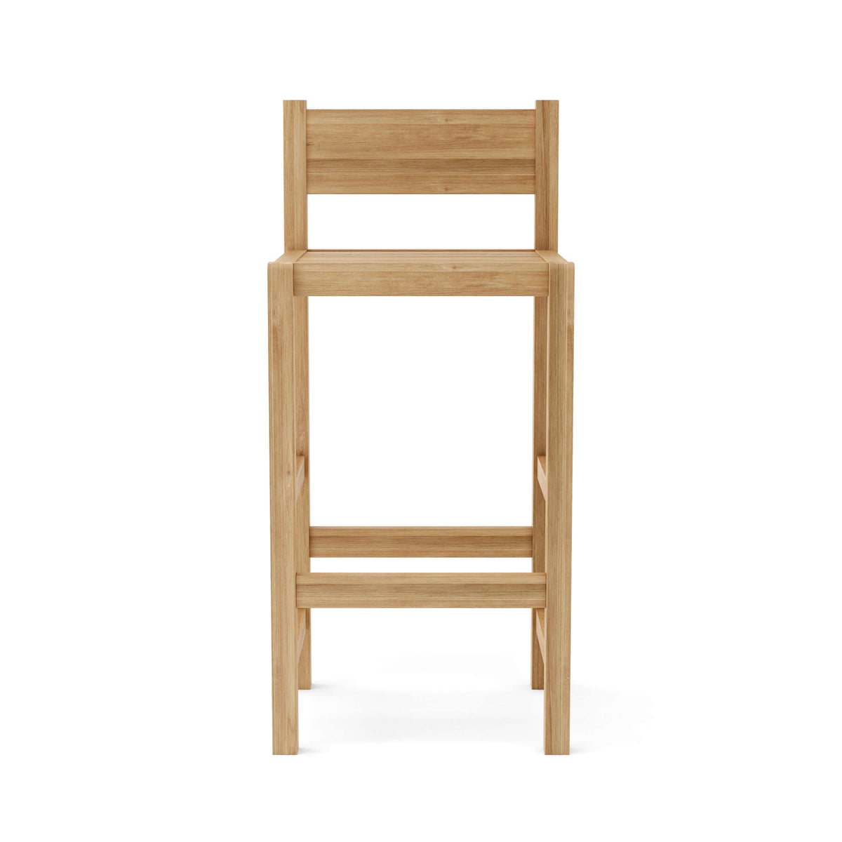 Anderson Teak Sedona Outdoor Bar Chair Detail with Teak Backrest and Sculpted Seat