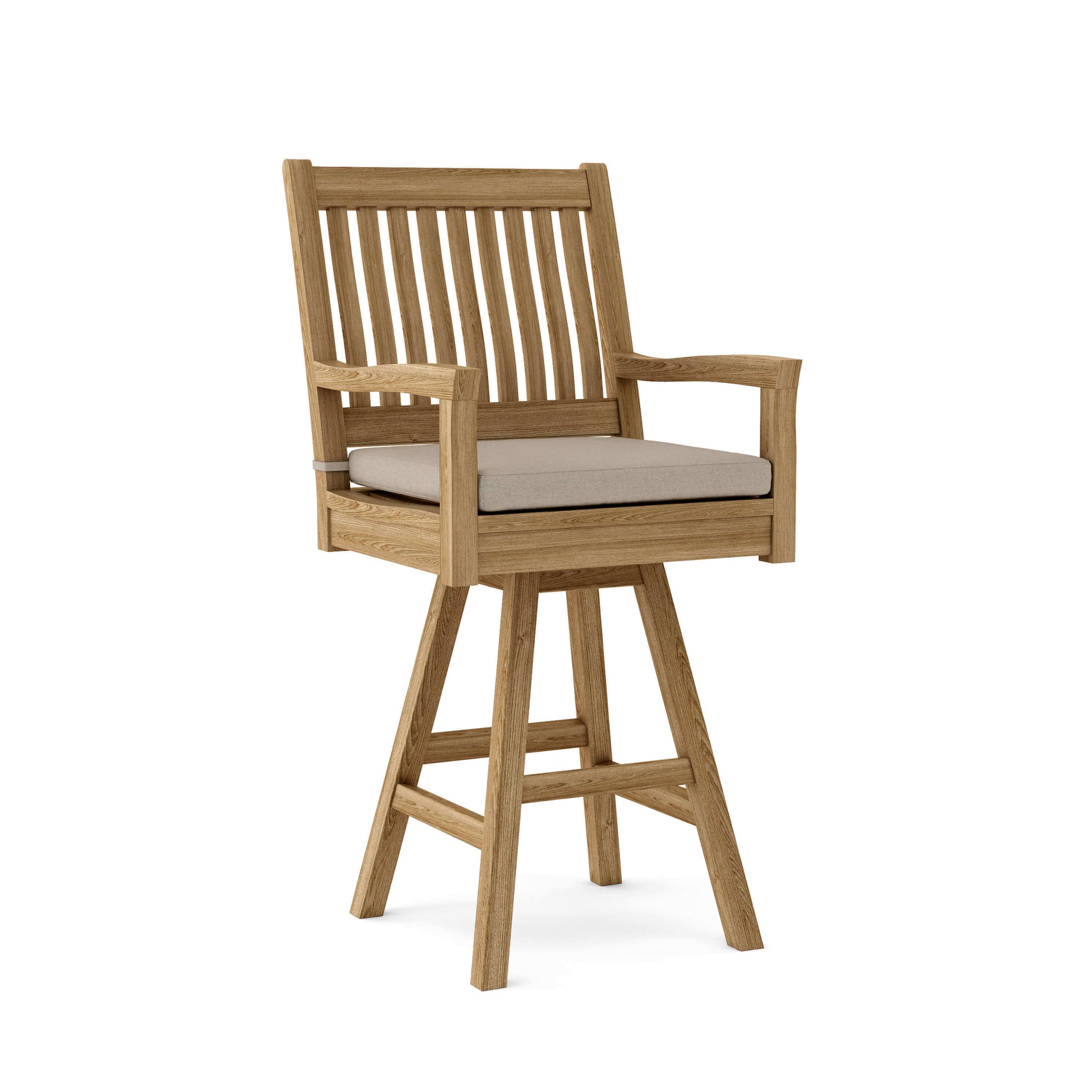 Anderson Teak Swivel Outdoor Bar Armchair for 360-degree swivel mechanism with padded seat and backrest