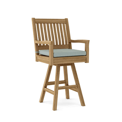 Anderson Teak Swivel Outdoor Bar Armchair for 360-degree swivel mechanism with padded seat and backrest