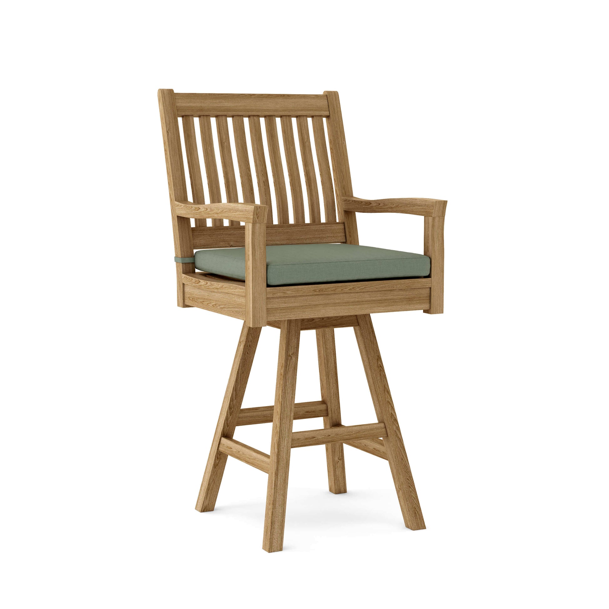 Anderson Teak Swivel Outdoor Bar Armchair for 360-degree swivel mechanism with padded seat and backrest