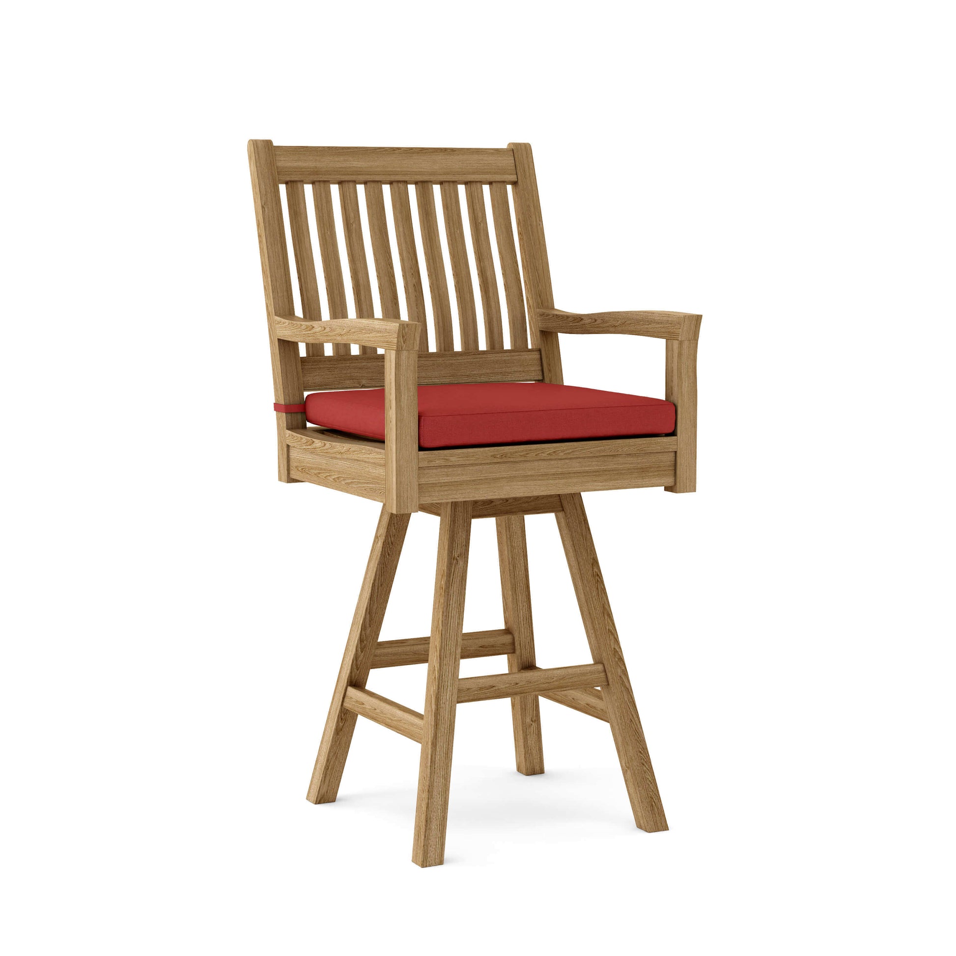 Anderson Teak Swivel Outdoor Bar Armchair for 360-degree swivel mechanism with padded seat and backrest
