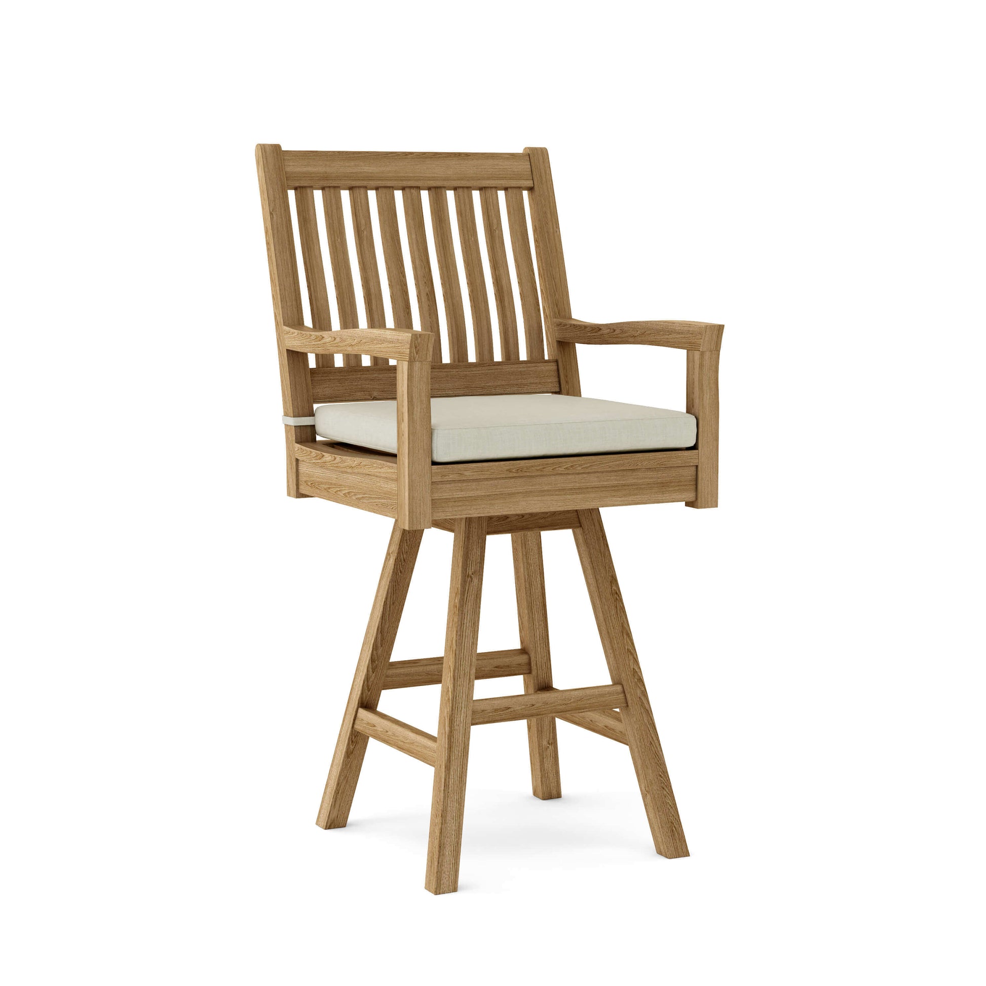 Anderson Teak Swivel Outdoor Bar Armchair for 360-degree swivel mechanism with padded seat and backrest