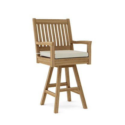 Anderson Teak Swivel Outdoor Bar Armchair for 360-degree swivel mechanism with padded seat and backrest