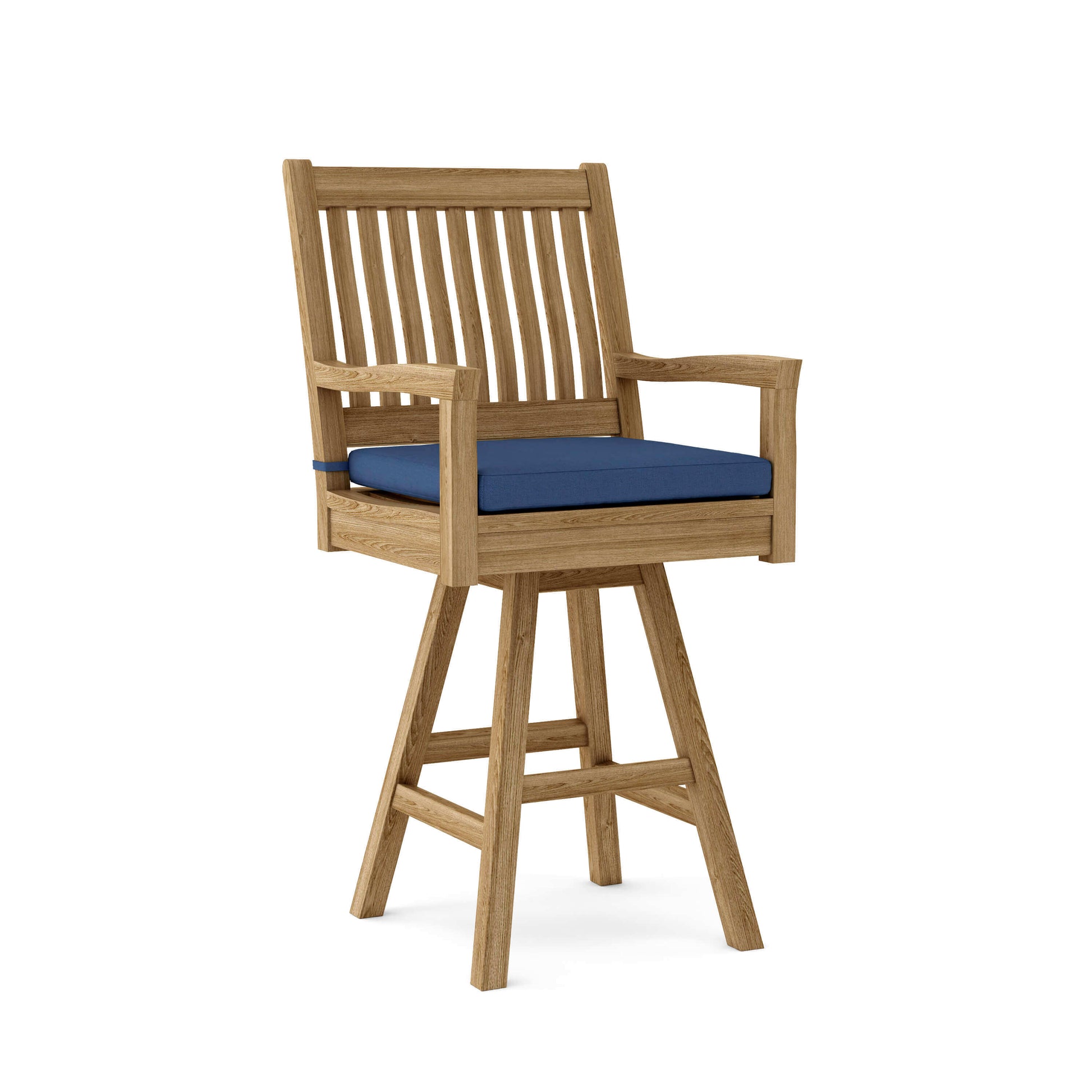 Anderson Teak Swivel Outdoor Bar Armchair for 360-degree swivel mechanism with padded seat and backrest