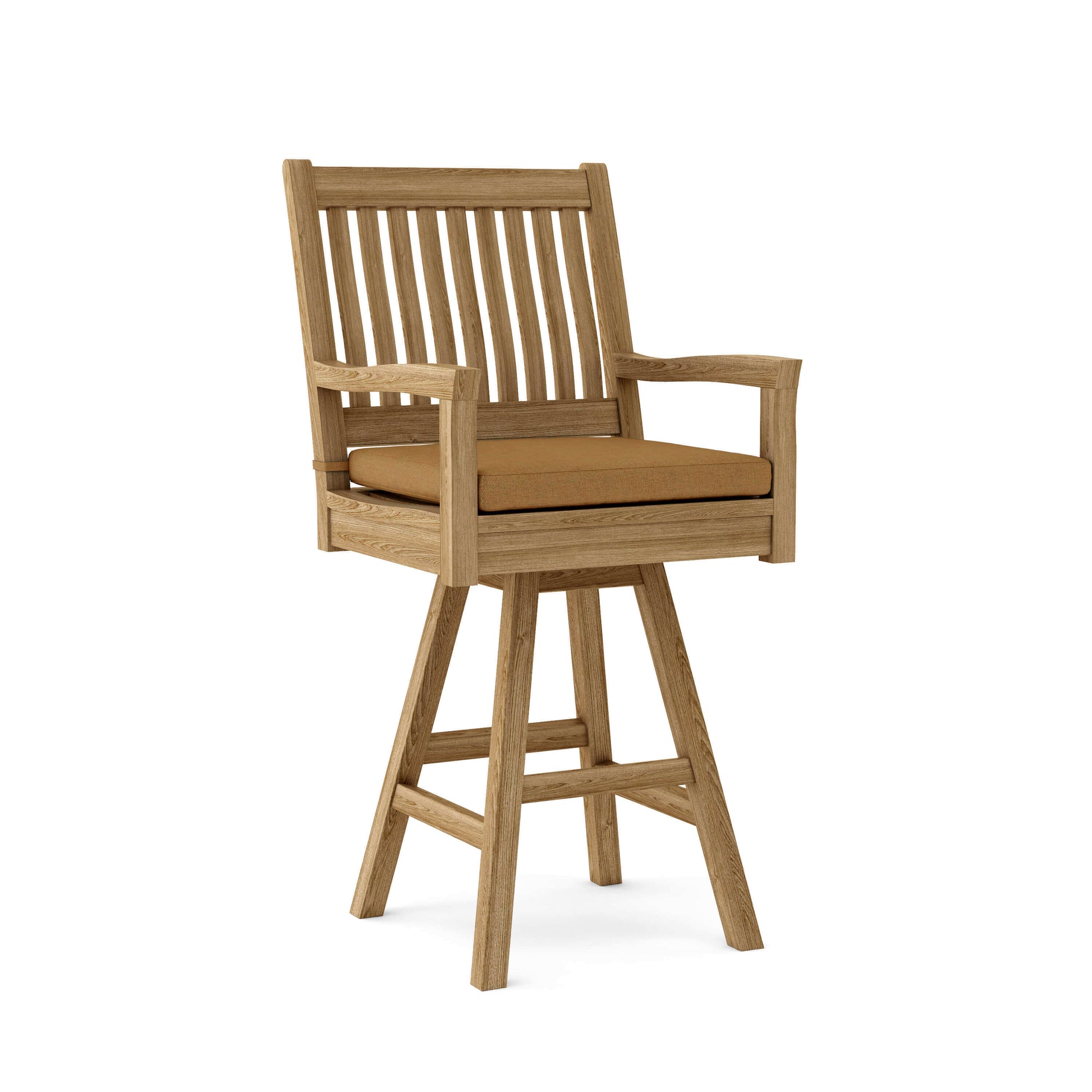 Anderson Teak Swivel Outdoor Bar Armchair for 360-degree swivel mechanism with padded seat and backrest