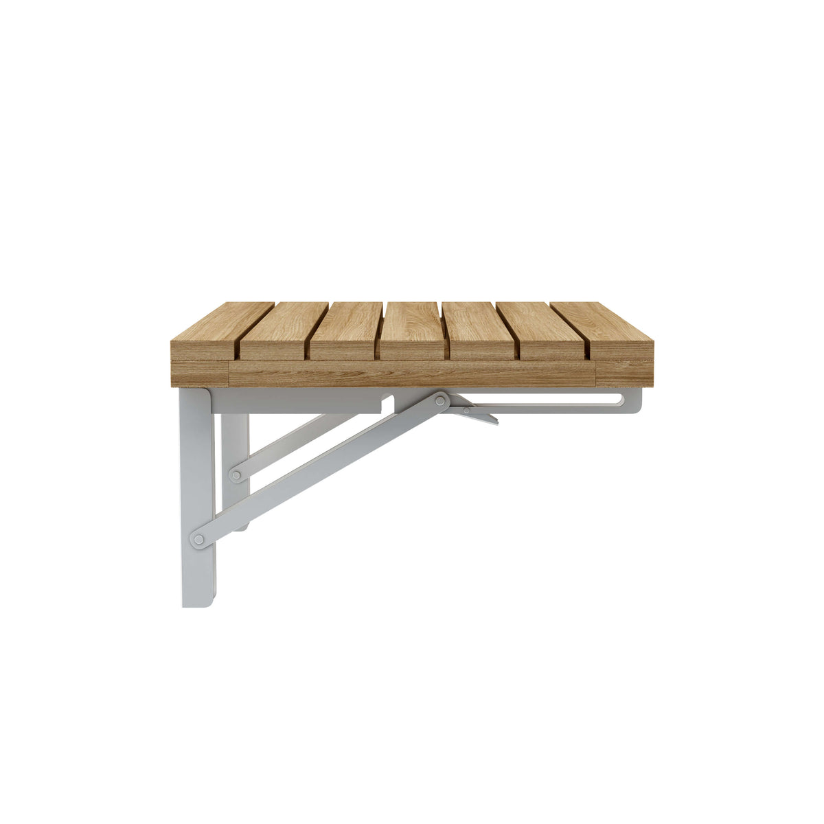Anderson Teak Wall Mount Folding Chair Detail with Teak Slat Back and Sculpted Seat