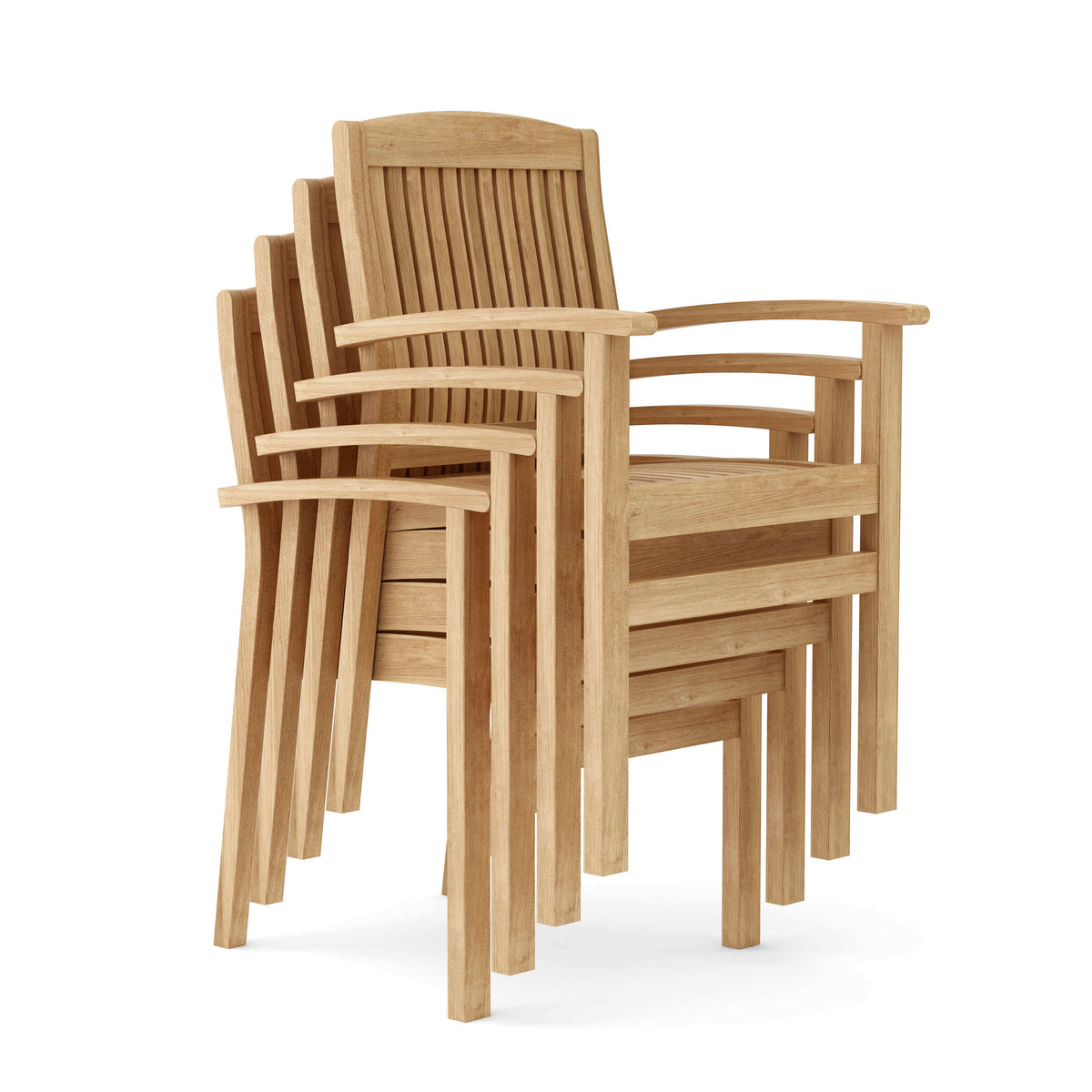 Anderson Teak 4 Piece Sahara Stackable Outdoor Dining Armchair Detail with Teak Slat Back and Sculpted Seat