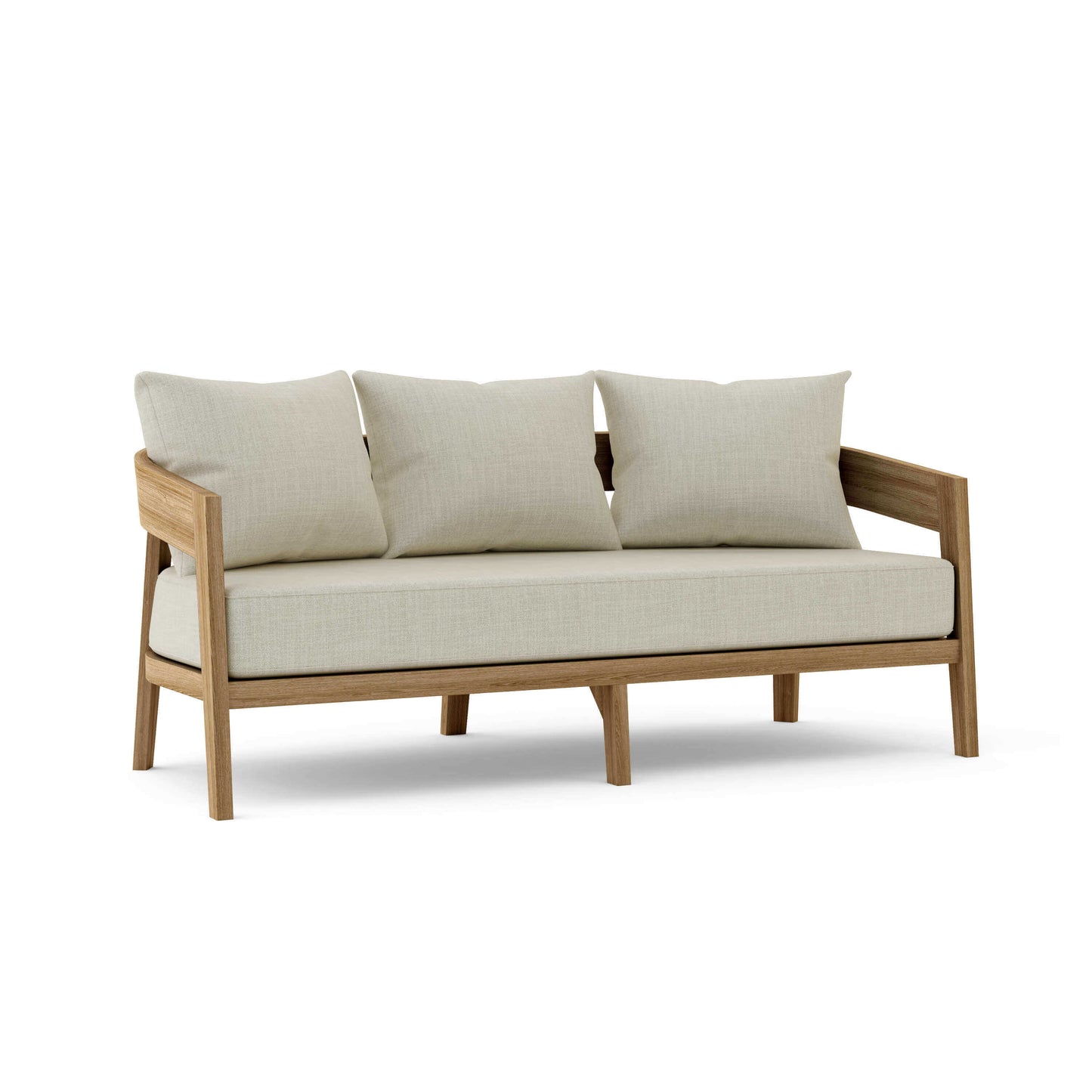 Teak outdoor sofa with all-weather Sunbrella cushions