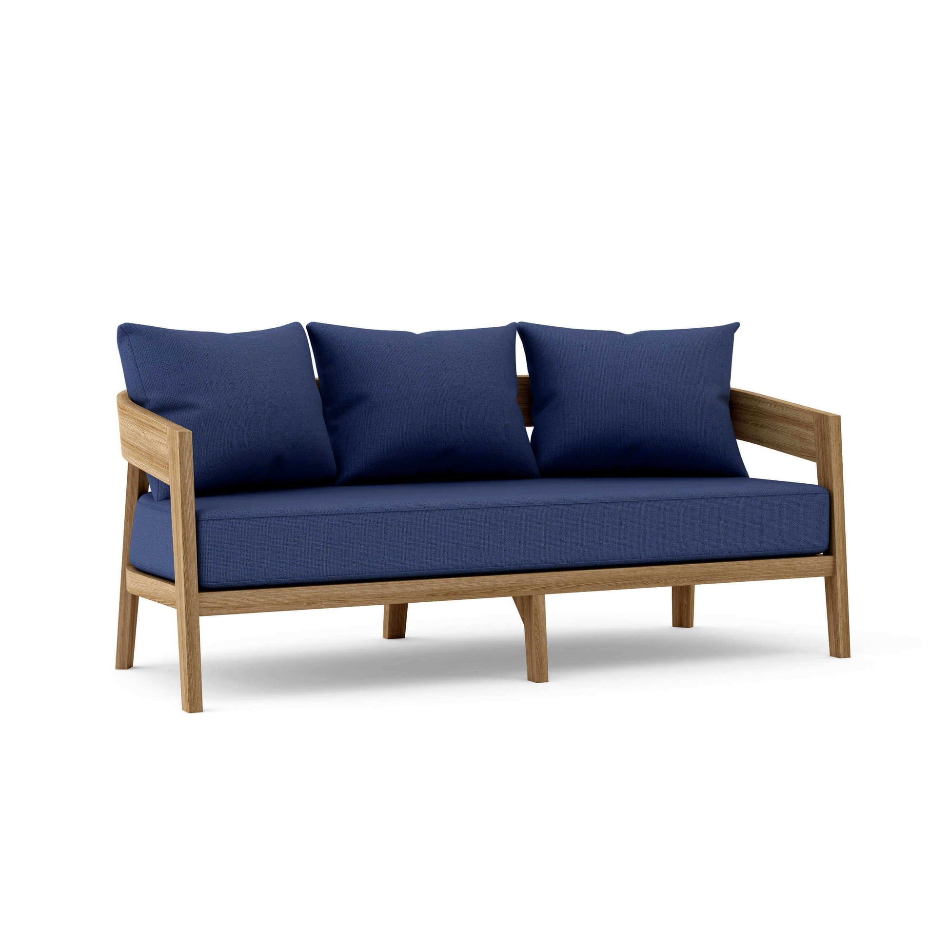 Teak outdoor sofa with all-weather Sunbrella cushions