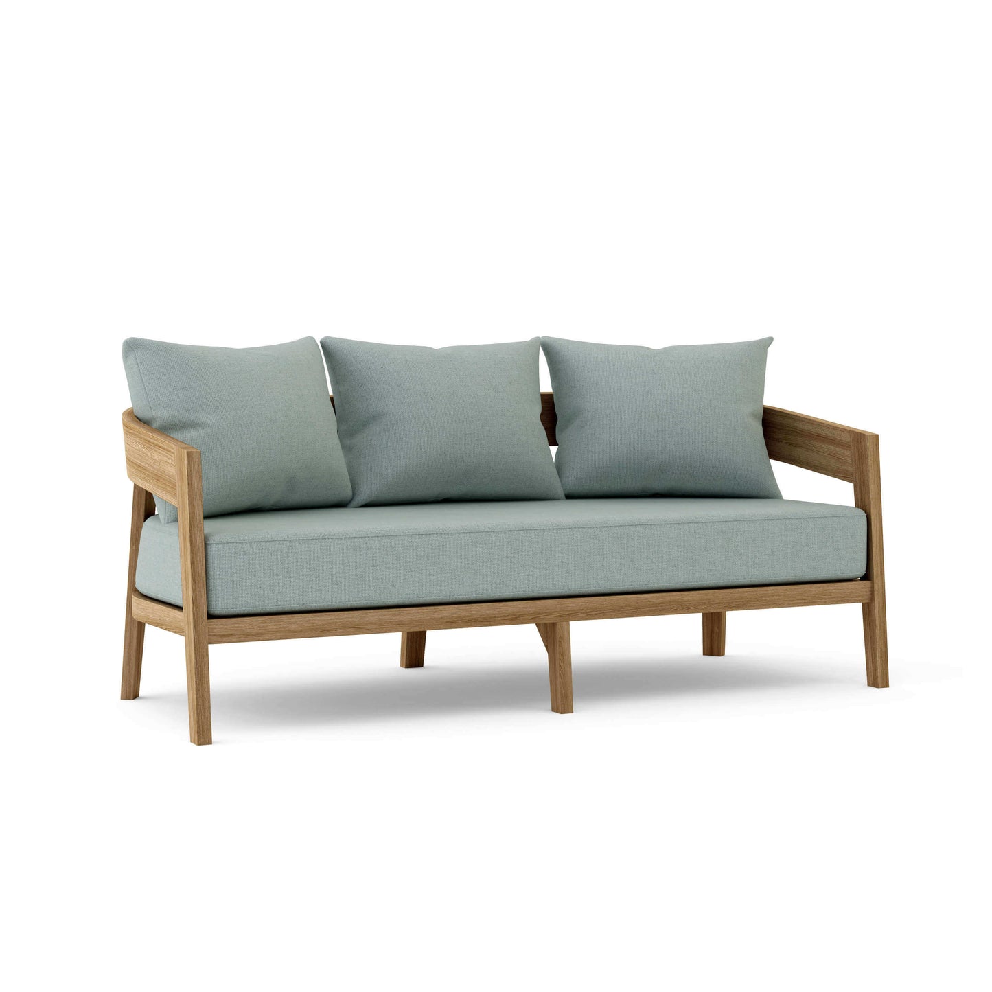 Teak outdoor sofa with all-weather Sunbrella cushions