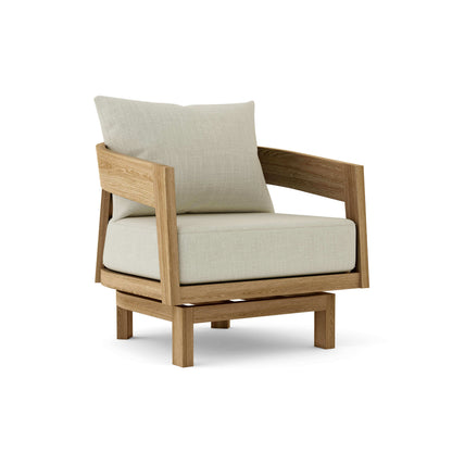 Teak outdoor swivel lounge chair with 6" Sunbrella cushions features a 360-degree rotation that locks in any position