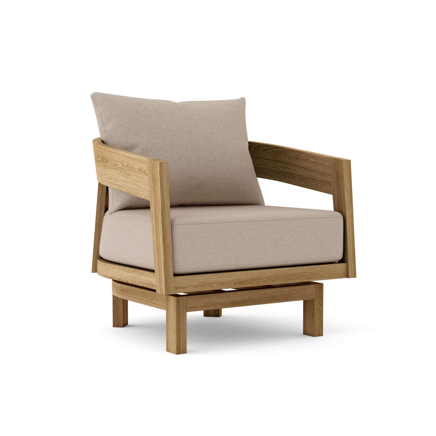 Teak outdoor swivel lounge chair with 6" Sunbrella cushions features a 360-degree rotation that locks in any position