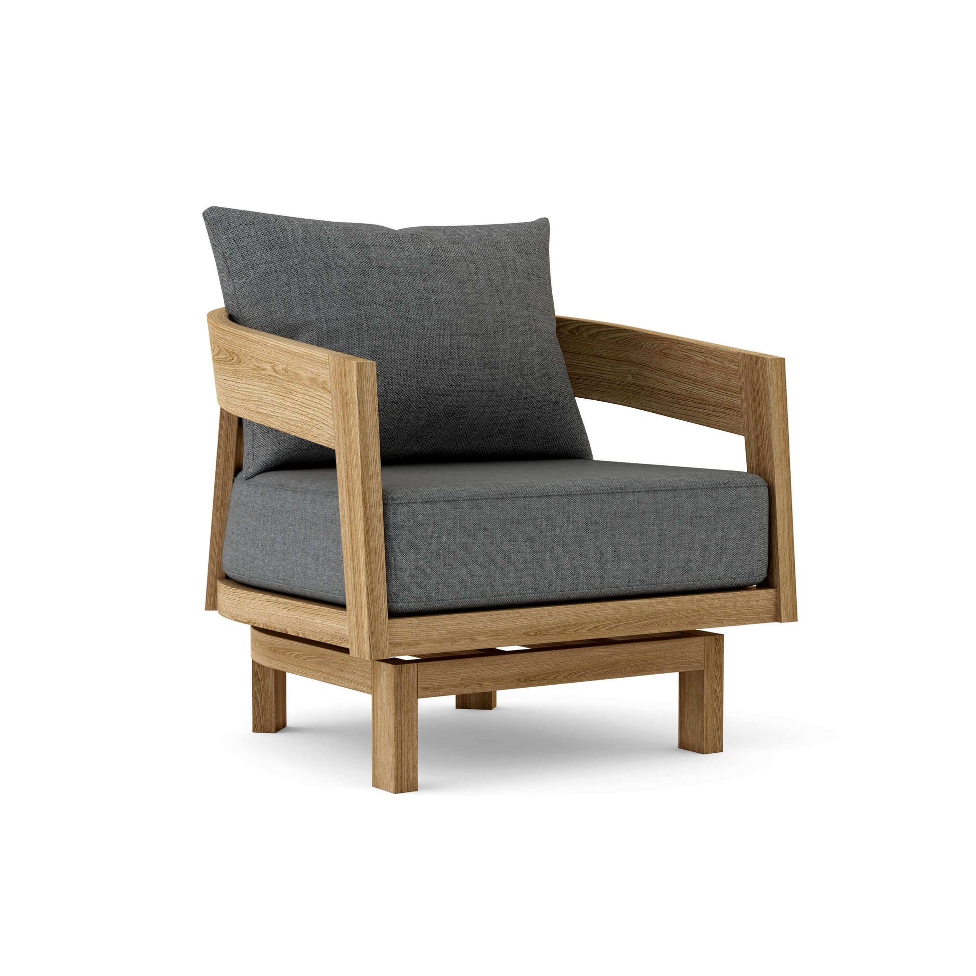 Teak outdoor swivel lounge chair with 6" Sunbrella cushions features a 360-degree rotation that locks in any position