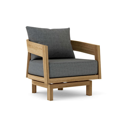 Teak outdoor swivel lounge chair with 6" Sunbrella cushions features a 360-degree rotation that locks in any position