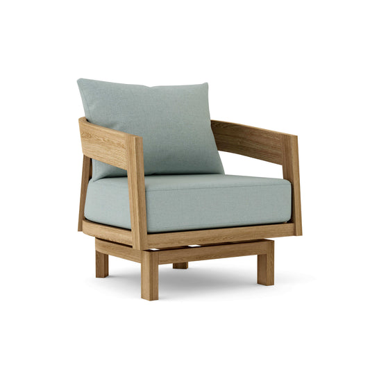 Teak outdoor swivel lounge chair with 6" Sunbrella cushions features a 360-degree rotation that locks in any position