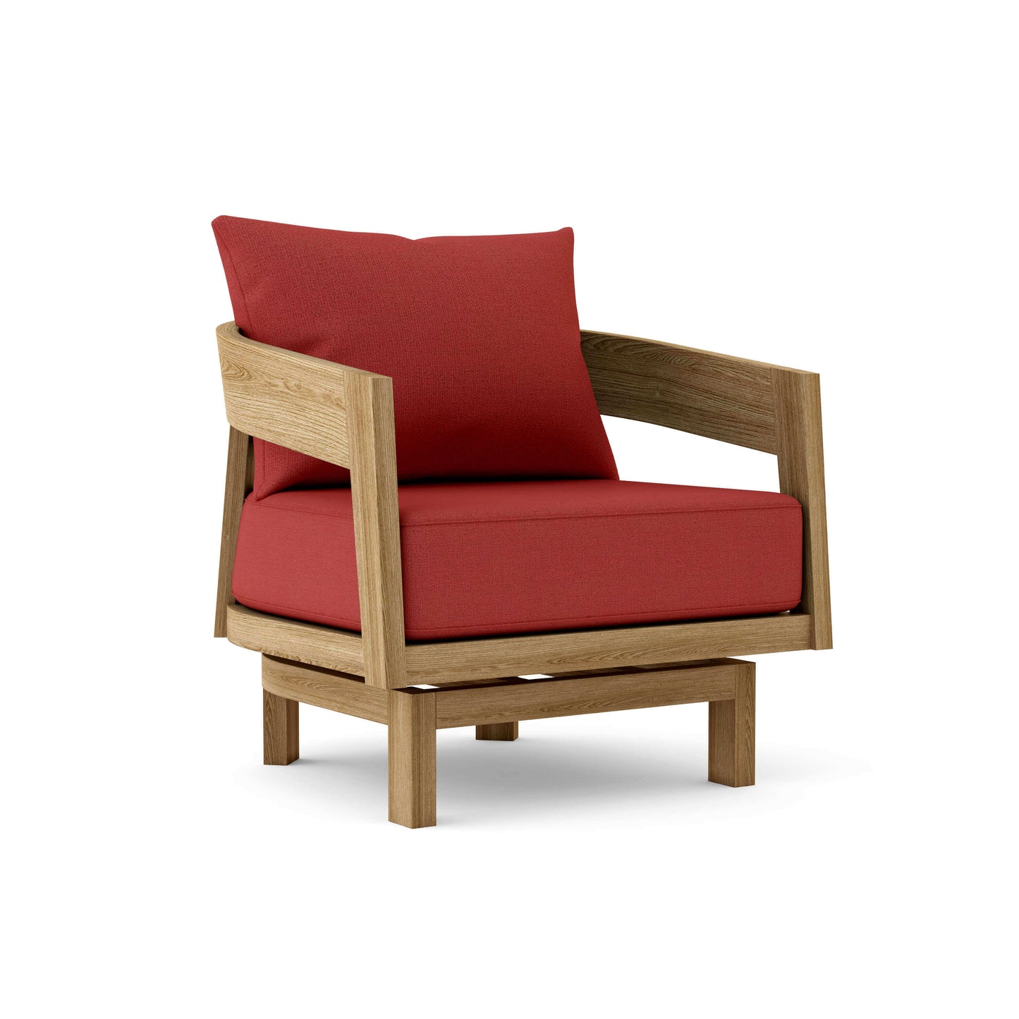 Teak outdoor swivel lounge chair with 6" Sunbrella cushions features a 360-degree rotation that locks in any position