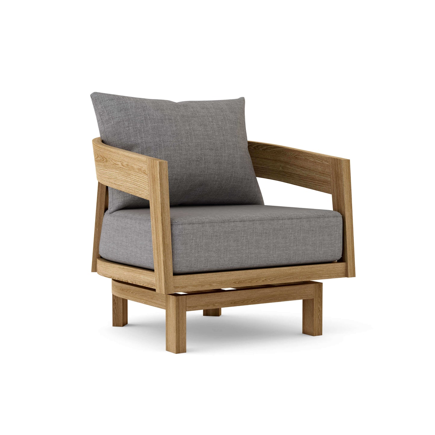 Teak outdoor swivel lounge chair with 6" Sunbrella cushions features a 360-degree rotation that locks in any position