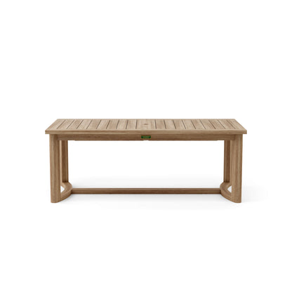 Anderson Teak Toscana Extension Table And Dining Armchair Set Detail with Teak Slat Back and Sculpted Seat