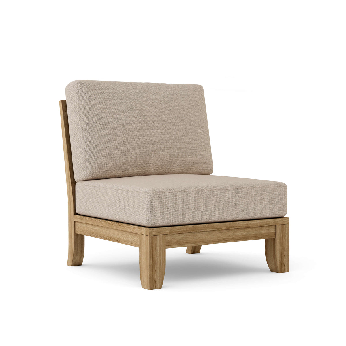 Anderson Teak Luxe armless center modular in natural teak with Cast Ash Sunbrella cushions