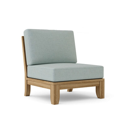 Anderson Teak Luxe armless center modular in natural teak with Cast Mist Sunbrella cushions
