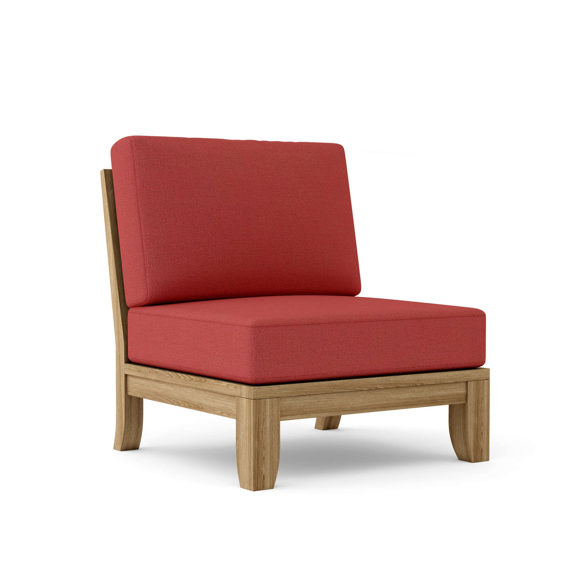 Anderson Teak Luxe armless center modular in natural teak with Cast Pomegranate Sunbrella cushions