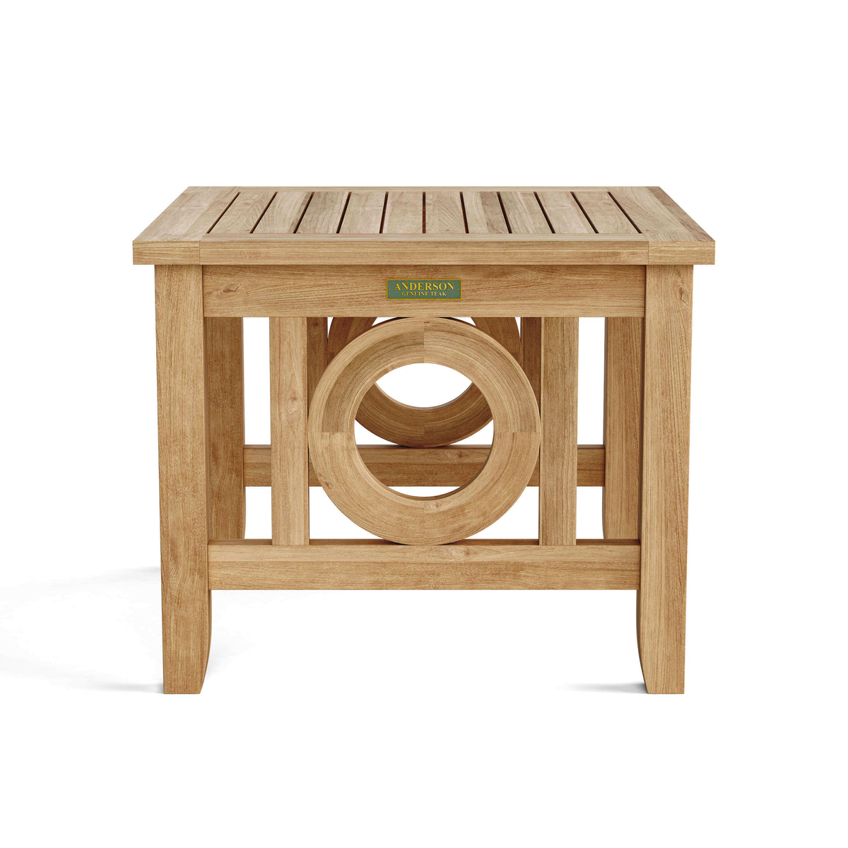 Anderson Teak Natsepa Square Outdoor Side Table Detail with Solid Teak Tabletop and Frame Joinery