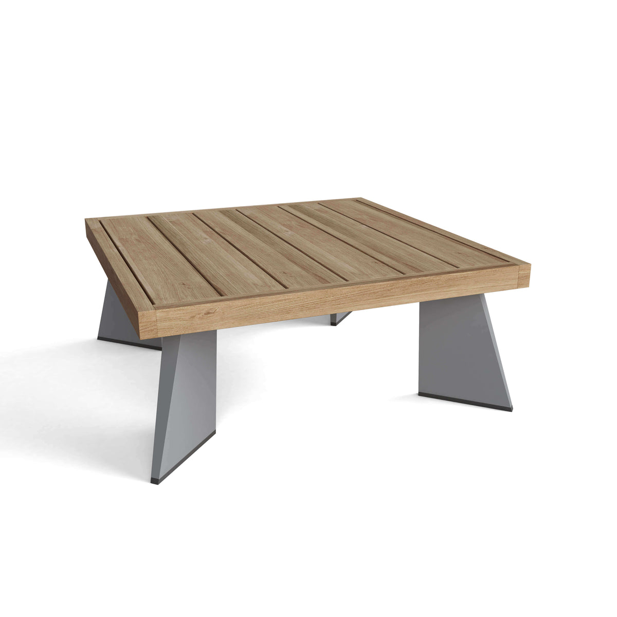 Anderson Teak Oxford Platform Outdoor Corner Table Detail with Low-Profile Build and Teak Tabletop