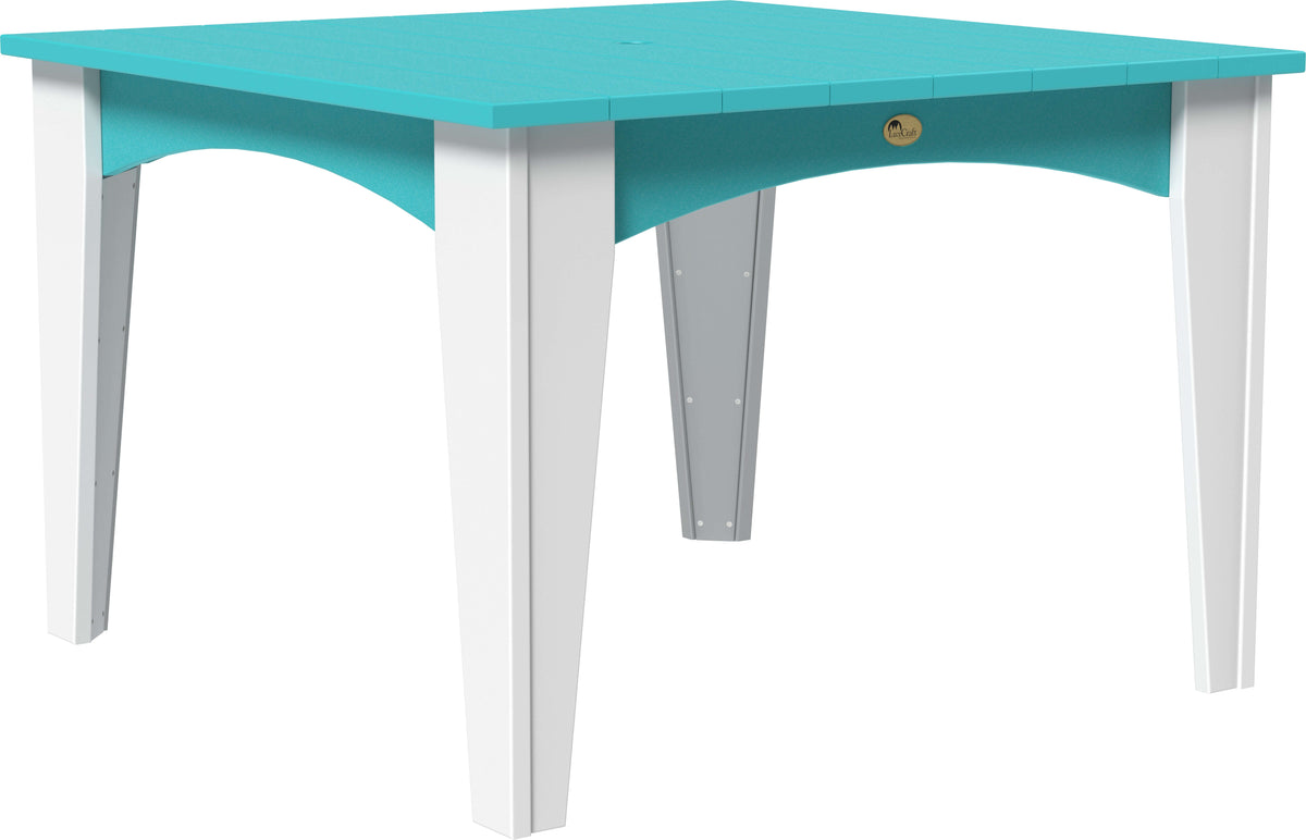 LuxCraft 44" Square Outdoor Island Dining Table in Aruba Blue and White — Amish-crafted recycled poly, 20-year poly durability