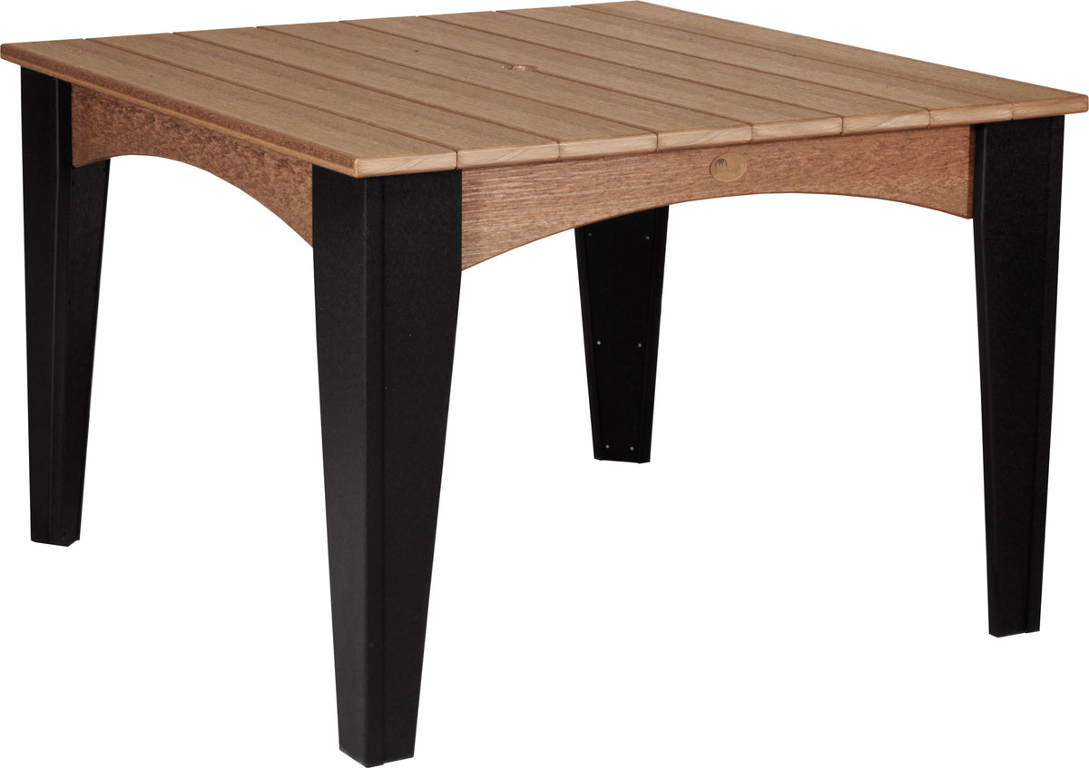 LuxCraft 44" Square Outdoor Island Dining Table in Antique Mahogany and Black — four-equal-sided table, fade-resistant poly