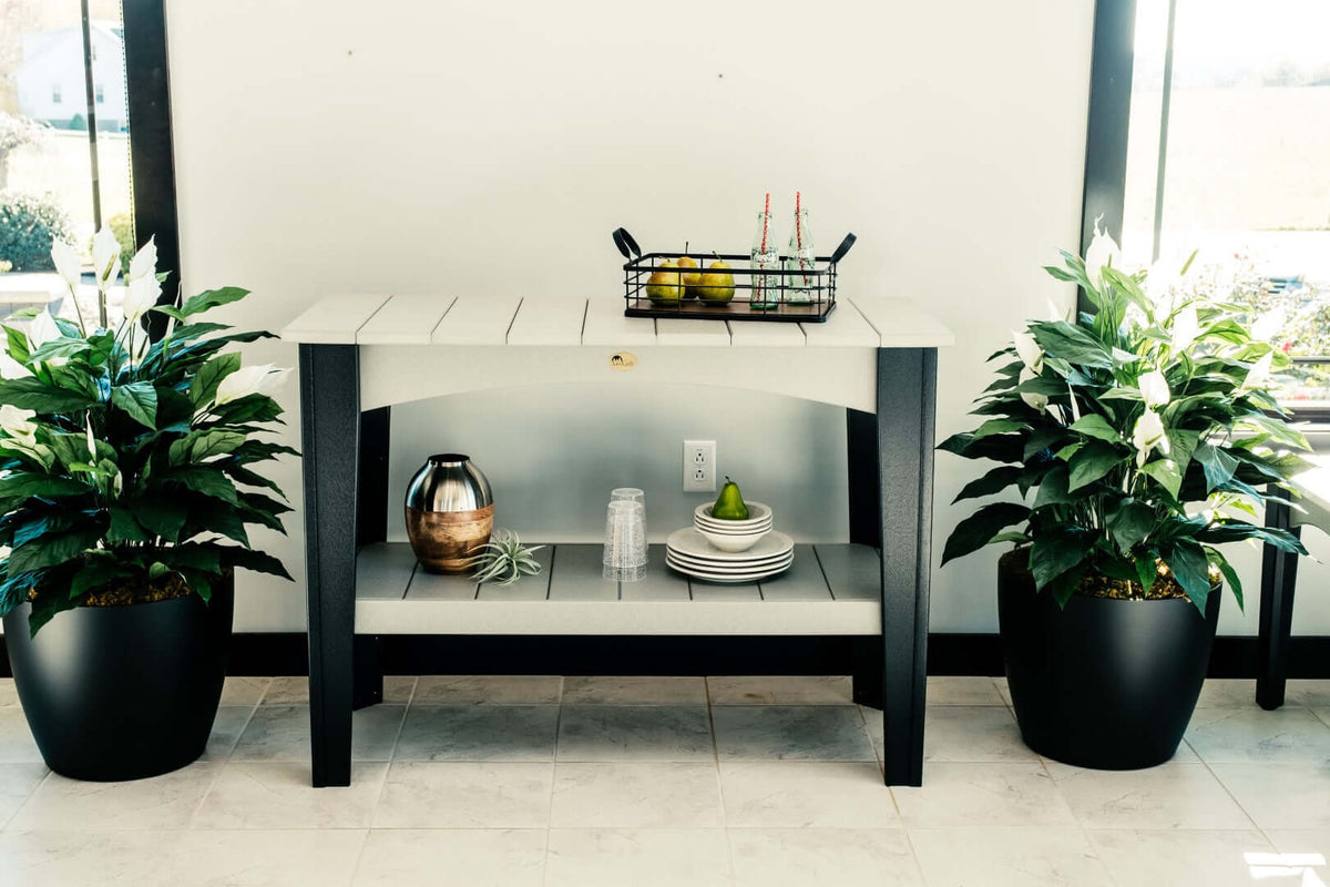 LuxCraft Island Outdoor Buffet Table in Dove Gray and Black configured for outdoor dining or lounging — fade-resistant poly