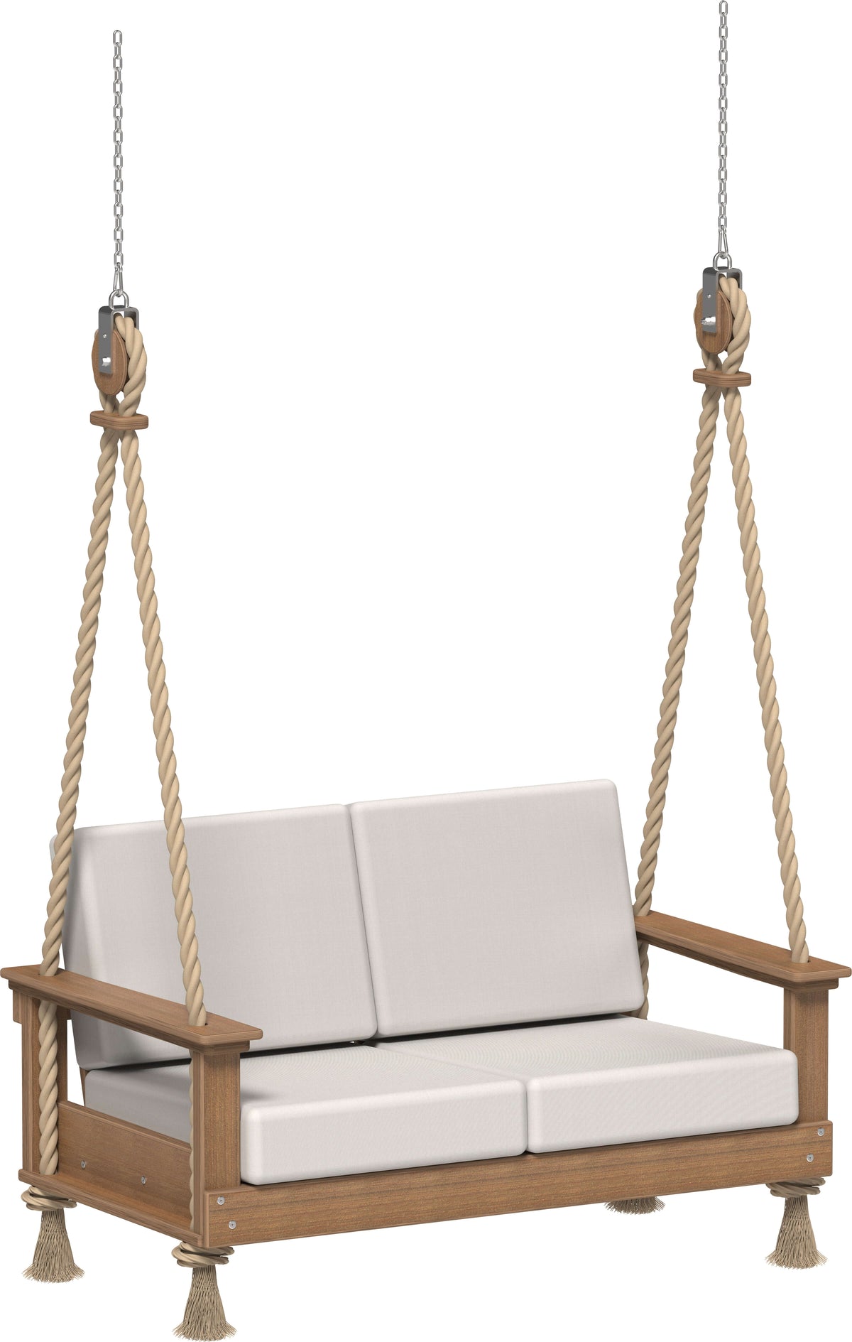 LuxCraft Lanai Loveseat Porch Swing in Antique Mahogany — hanging porch bench, fade-resistant poly