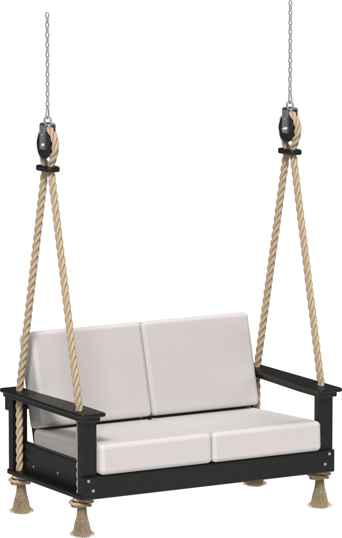 LuxCraft Lanai Loveseat Porch Swing in Black — Amish-crafted recycled poly, 20-year poly durability