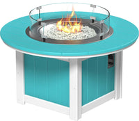 LuxCraft round gas propane outdoor fire pit table with push-button ignition system and tempered glass wind guard