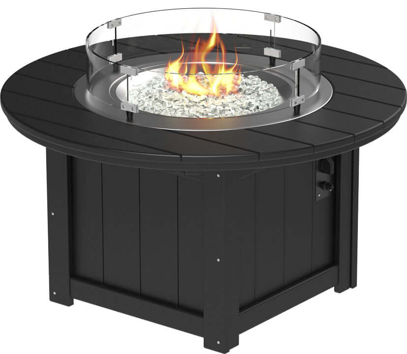 LuxCraft round gas propane outdoor fire pit table with push-button ignition system and tempered glass wind guard