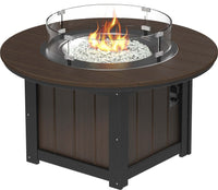 LuxCraft round gas propane outdoor fire pit table with push-button ignition system and tempered glass wind guard