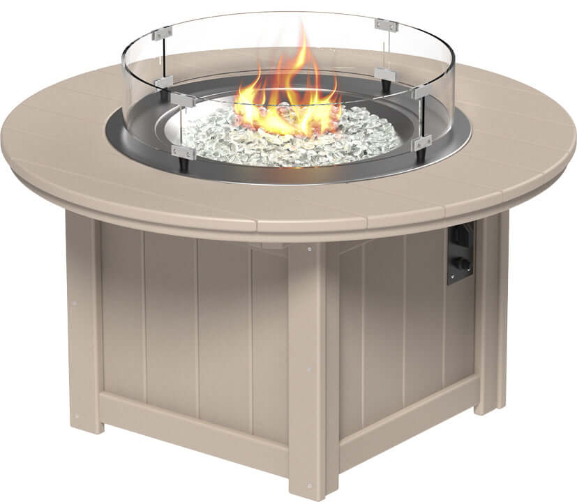 LuxCraft 46" Lumin Round Gas Fire Pit Table Set in Weatherwood — Amish-crafted recycled poly, 20-year poly durability