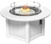 LuxCraft round gas propane outdoor fire pit table with push-button ignition system and tempered glass wind guard