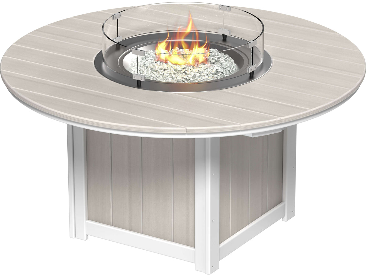 LuxCraft 60" Lumin Round Gas Propane Fire Table in Birch and White — Amish-crafted recycled poly, 20-year poly durability