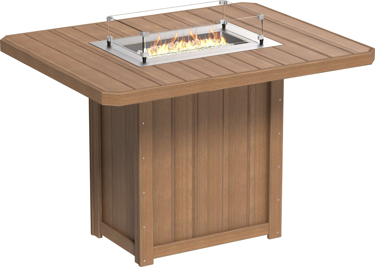 LuxCraft 62" Lumin Rectangular Gas Propane Fire Table Set with Bar Stools in Tan — gas fire feature center for outdoor gas-fire dining