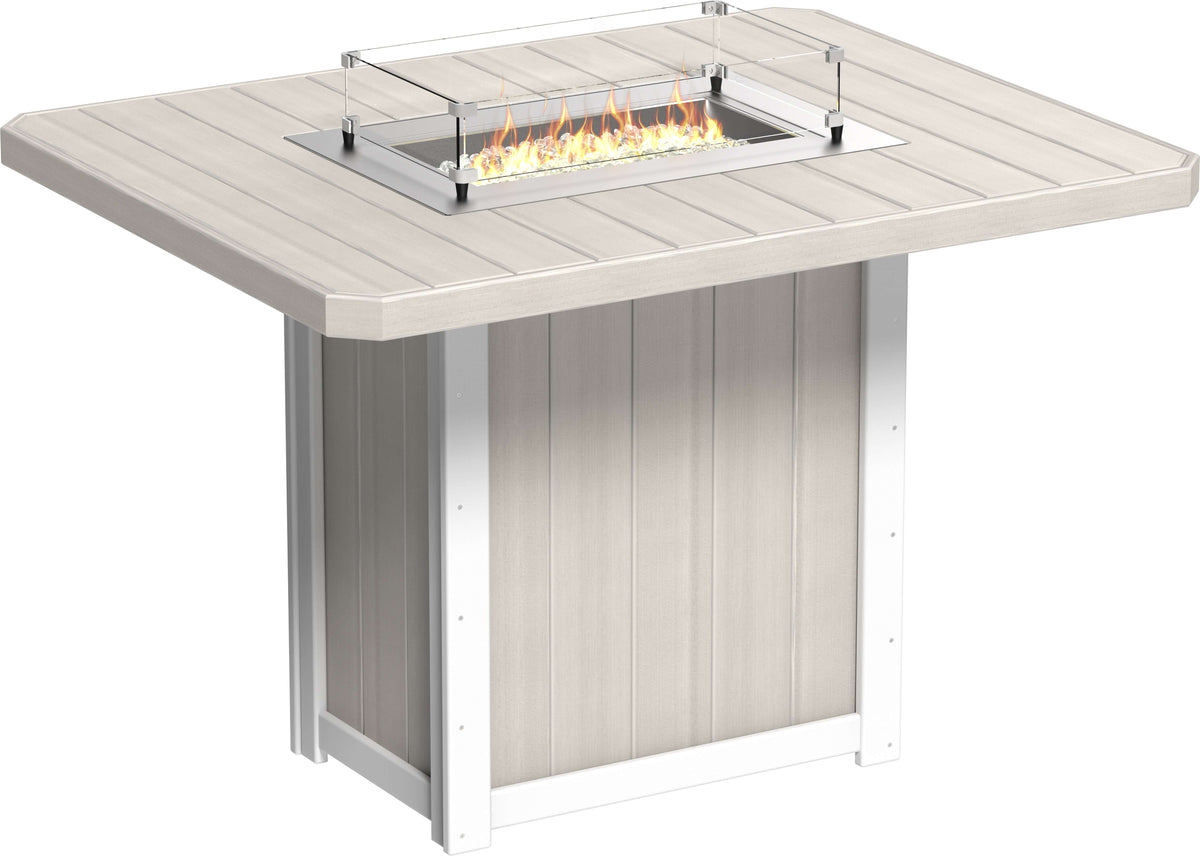 LuxCraft 62" Lumin Rectangular Gas Propane Fire Table Set with Bar Stools in Tan — gas fire feature center for outdoor gas-fire dining