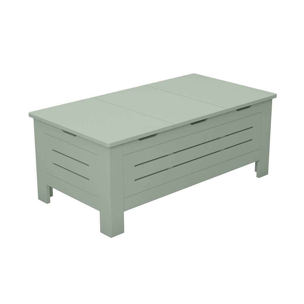 Sage green coffee table with a lid on a white background