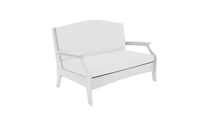 Ledge Lounger Legacy Loveseat in White with navy deep-seat cushions and a Lattice back